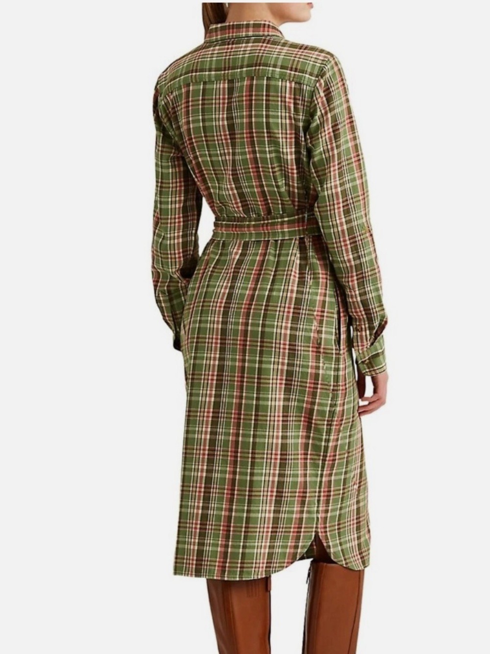 Ralph Lauren Green Plaid Midi Shirt Dress with Waist Tie size6 - Picture 2 of 11